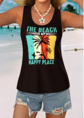 Black Curved Hem Tropical Plants Print Sleeveless Tank Top