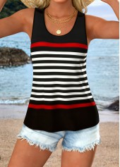 Black Curved Hem Striped Sleeveless Round Neck Tank Top