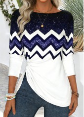 Dark Purple Shirred Chevron Print Long Sleeve T Shirt | thumb picture 