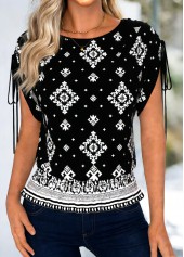 Black Ruffle Tribal Print Short Sleeve Round Neck Blouse