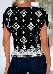 Black Ruffle Tribal Print Short Sleeve Round Neck Blouse | thumb picture 