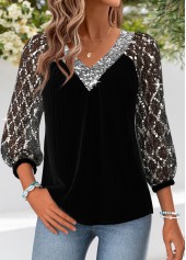 Black Curved Hem Long Sleeve V Neck Blouse | thumb picture 