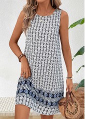 Multi Color Tummy Coverage Geometric Print Short Sleeveless Dress