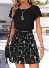 Black Tummy Coverage Short Round Neck Top and Skirt