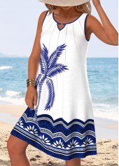 Royal Blue Tummy Coverage Tropical Plants Print Sleeveless Dress | thumb picture 
