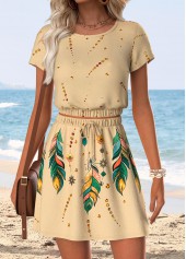 Light Camel Shirred Feathers Print Short Top and Skirt