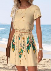 Light Camel Shirred Feathers Print Short Top and Skirt | thumb picture 
