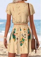 Light Camel Shirred Feathers Print Short Top and Skirt | thumb picture 
