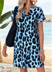 Blue Tummy Coverage Leopard Short Split Neck Dress | thumb picture 
