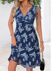 Navy Tummy Coverage Floral Print Sleeveless V Neck Dress