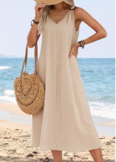 Light Camel Tummy Coverage Sleeveless V Neck Dress | thumb picture 