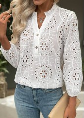 White Tummy Coverage Bracelet Sleeve Split Neck Blouse