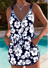 Tummy Coverage Floral Print Navy One Piece Swimwear