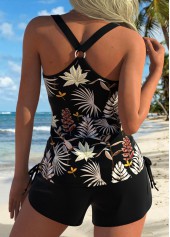 Tummy Coverage Mid Waisted Leaf Print Black Tankini Set | thumb picture 