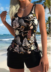 Tummy Coverage Mid Waisted Leaf Print Black Tankini Set | thumb picture 