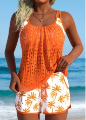 Layered Mid Waisted Tropical Plants Print Orange Tankini Set