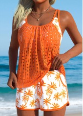 Layered Mid Waisted Tropical Plants Print Orange Tankini Set | thumb picture 