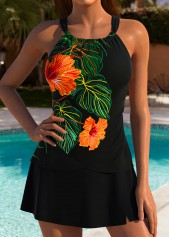 Wrap Mid Waisted Floral Print Black Tankini Set