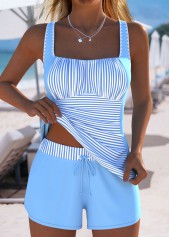 Tummy Coverage Mid Waisted Striped Dusty Blue Tankini Set