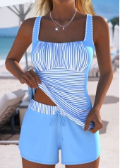Tummy Coverage Mid Waisted Striped Dusty Blue Tankini Set | thumb picture 