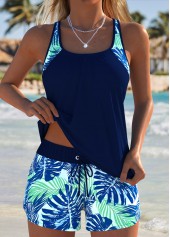 Tummy Coverage Mid Waisted Leaf Print Navy Tankini Set