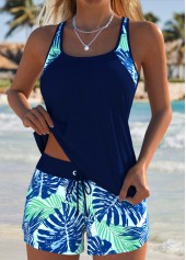 Tummy Coverage Mid Waisted Leaf Print Navy Tankini Set | thumb picture 