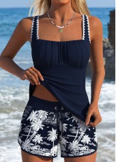 Tummy Control Navy Tropical Plants Print Tankini Set