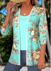 Cyan Tummy Coverage Floral Print 3/4 Sleeve Topper