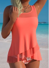 Tummy Coverage Mid Waisted Leaf Print Coral Tankini Set
