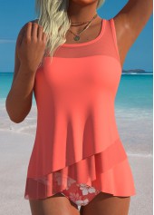 Tummy Coverage Mid Waisted Leaf Print Coral Tankini Set | thumb picture 