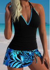 Thigh Slimmer Mid Waisted Leaf Print Blue Tankini Set | thumb picture 