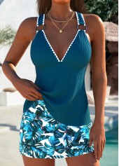 Lace Up Peacock Blue Plants Print Tankini Set