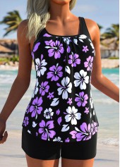 Drawstring Mid Waisted Floral Print Black Tankini Set | thumb picture 