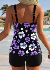 Drawstring Mid Waisted Floral Print Black Tankini Set | thumb picture 