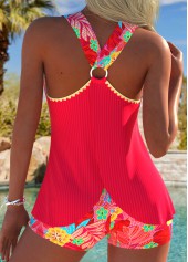 Circular Ring Peach Red Tropical Plants Print Tankini Set