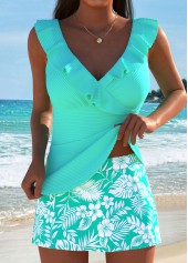 Tummy Coverage Mint Green Tropical Plants Print Tankini Set