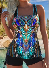 Tummy Coverage Mid Waisted Tribal Print Black Tankini Set