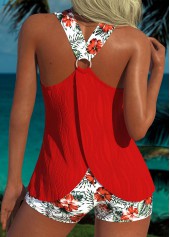 Circular Ring Mid Waisted Floral Print Red Tankini Set
