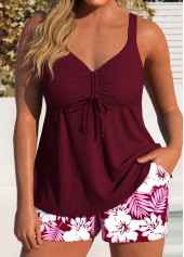Tummy Coverage Wine Red Floral Print Tankini Set