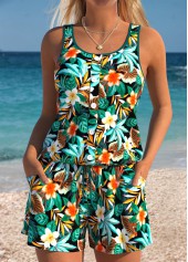 Tummy Coverage Floral Print Turquoise One Piece Swimwear