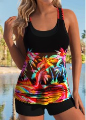 Tummy Coverage Mid Waisted Tropical Plants Print Tankini Set