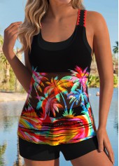 Tummy Coverage Mid Waisted Tropical Plants Print Tankini Set | thumb picture 