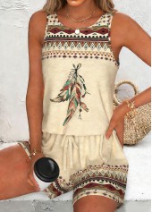 Light Camel Tribal Print Sleeveless Round Neck Tank Top