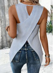 Blue Tummy Coverage Striped Sleeveless Round Neck Tank Top