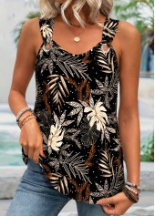 Black Tummy Coverage Leaf Print Sleeveless Tank Top
