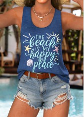 Blue Curved Hem Letter Print Sleeveless Tank Top