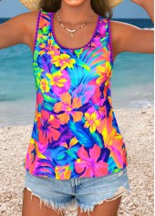 Multi Color Curved Hem Floral Print Sleeveless Tank Top