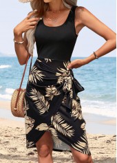 Black Tummy Coverage Leaf Print High Low Sleeveless Dress