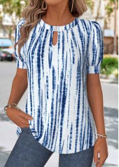 Blue Tummy Coverage Geometric Print Short Sleeve Blouse