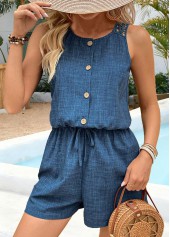 Denim Blue Short Sleeveless Round Neck Wide Leg Romper | thumb picture 